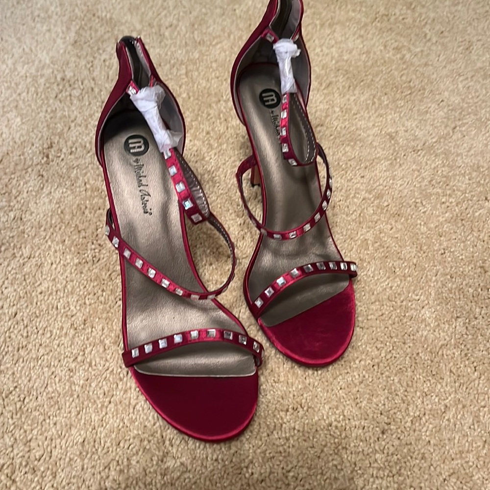 Brand new burgundy satin heels with sequins